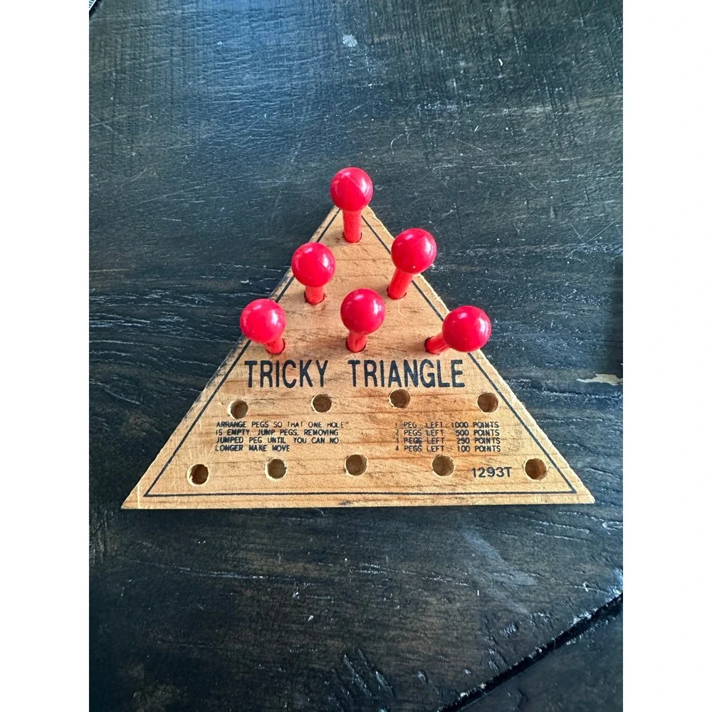 Vintage Tricky Triangle Wooden Peg Game 1293T Retro Tabletop Puzzle with 14 Pegs